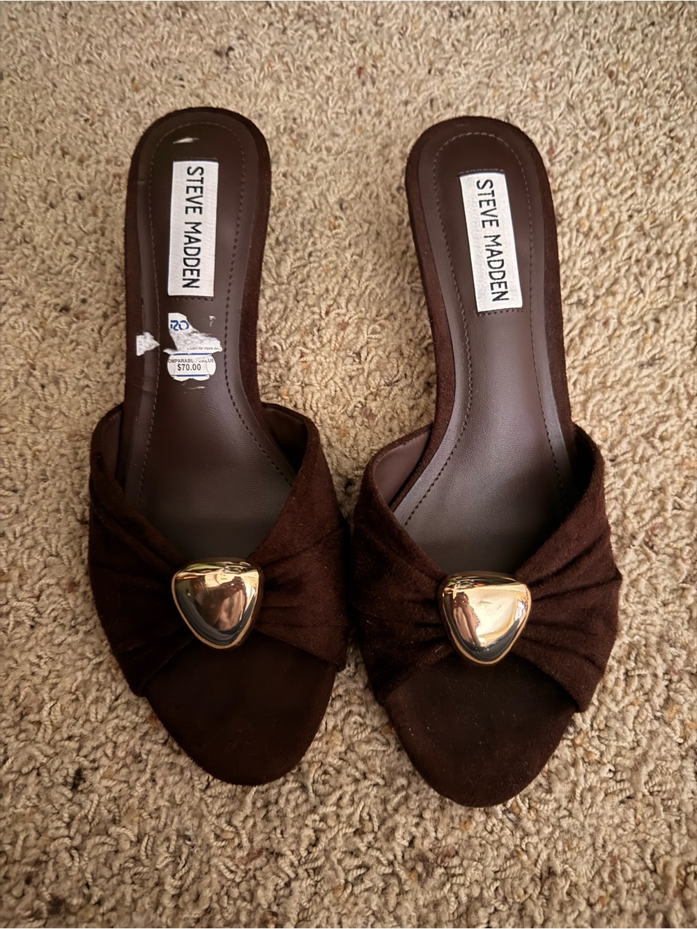 Steve Madden Brown Suede Slide Mules with Gold Heart Accent
